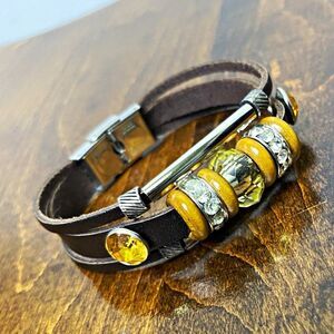 Brown Leather Wrap Beaded Bracelet 8” Yellow Crystal Stones SS Snap Clasp
